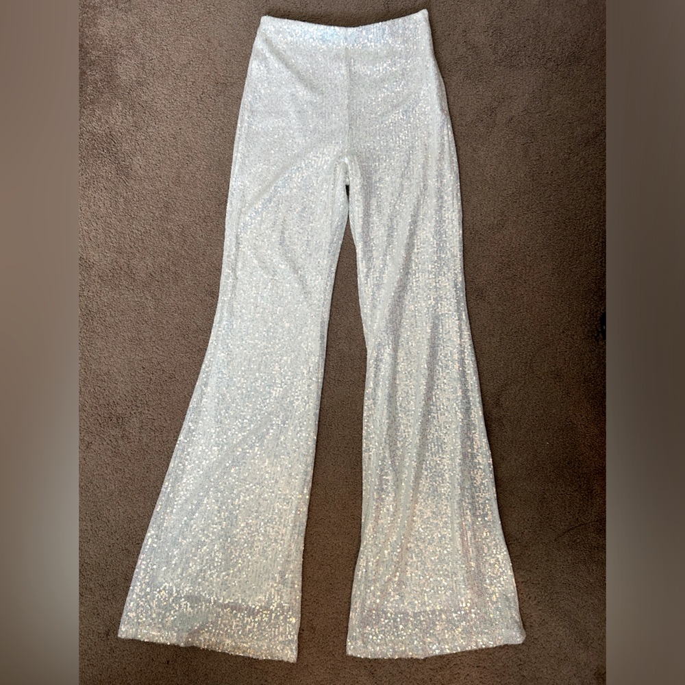 Sequin Flare Pants in Iridescent White